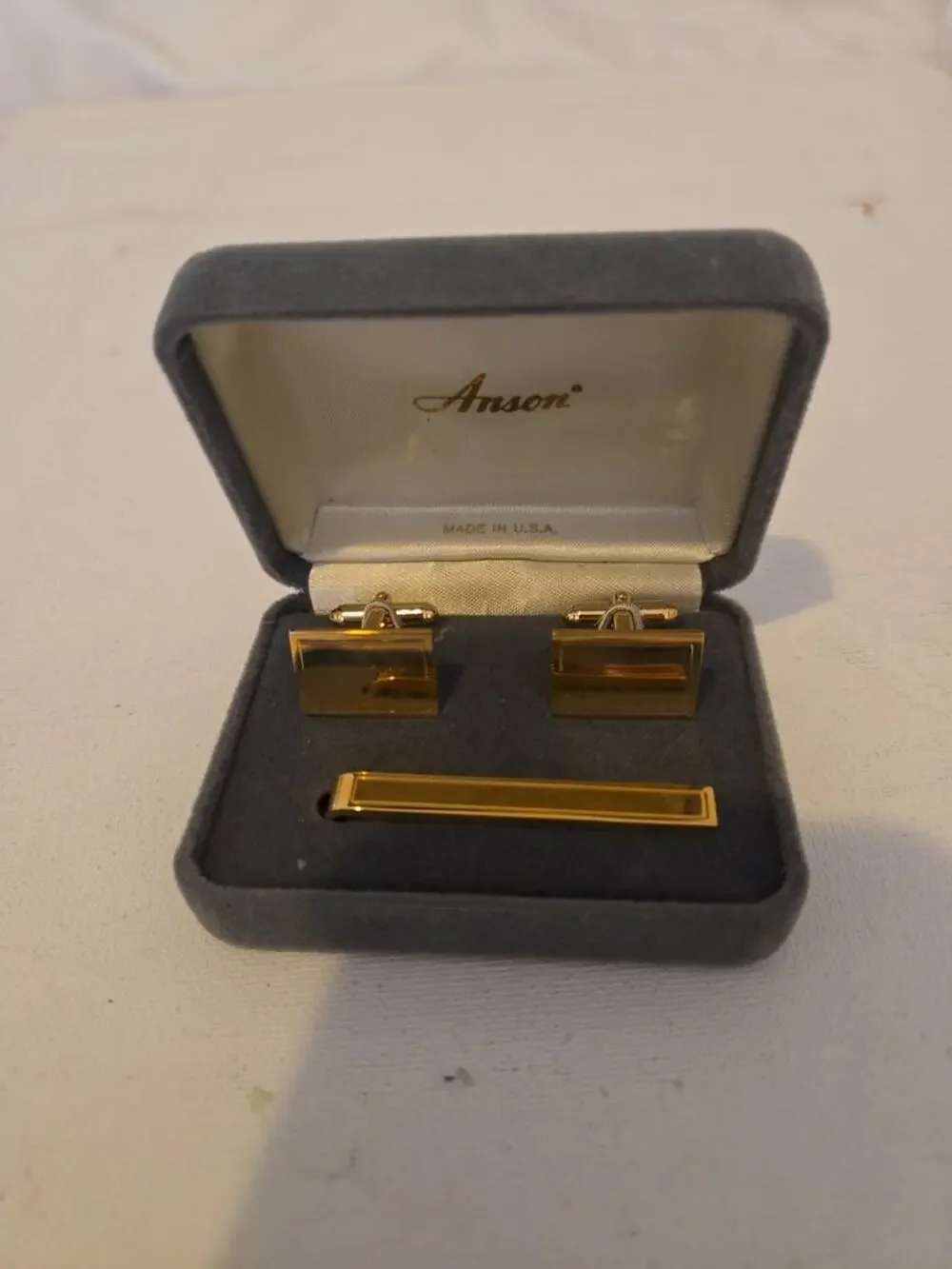 Vintage Anson Gold Tone Cufflinks and Tie Clip Set in Original Box